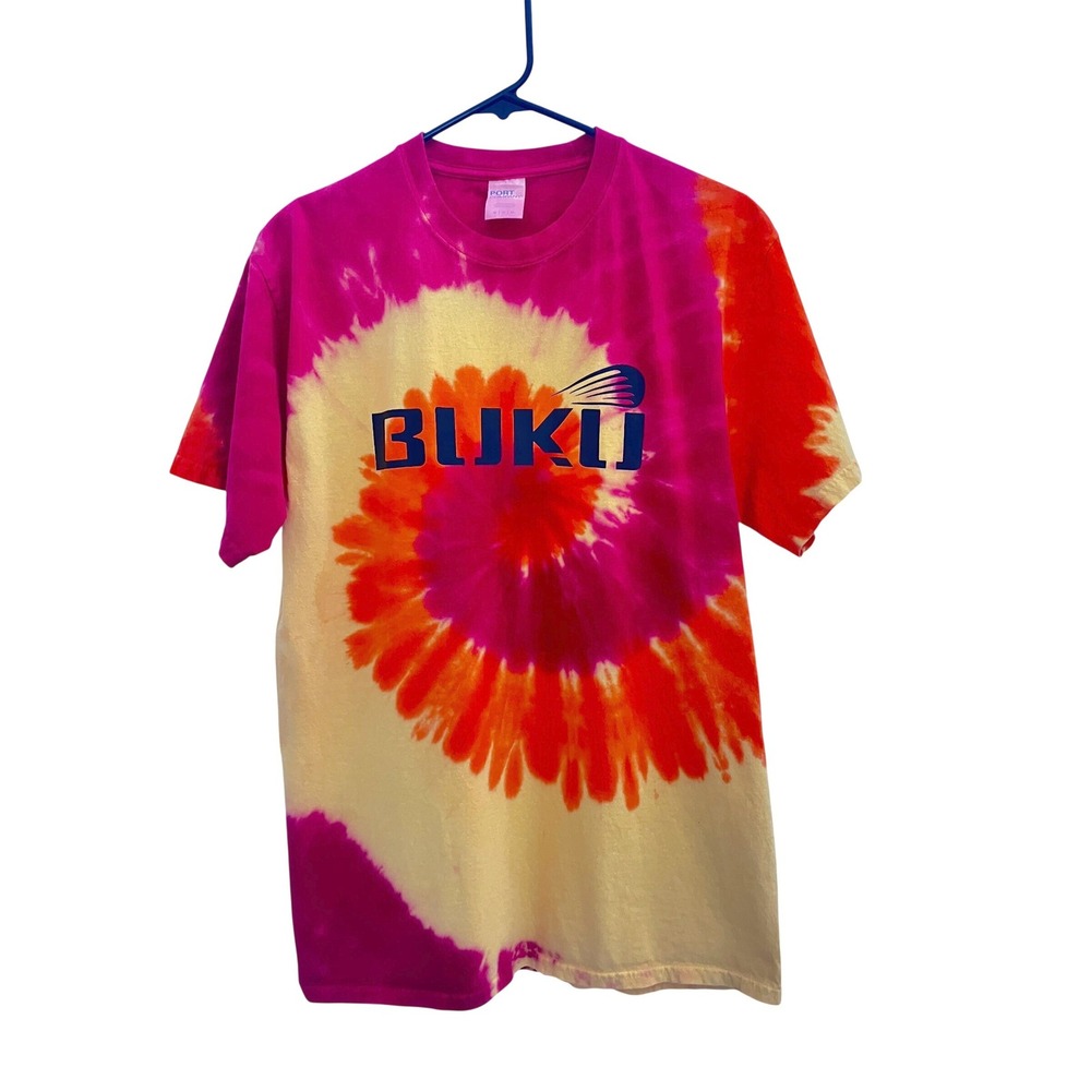 Port & Company Mens MED BUKU Music Art Project T-Shirt Pink Orange Tie Dye Logo